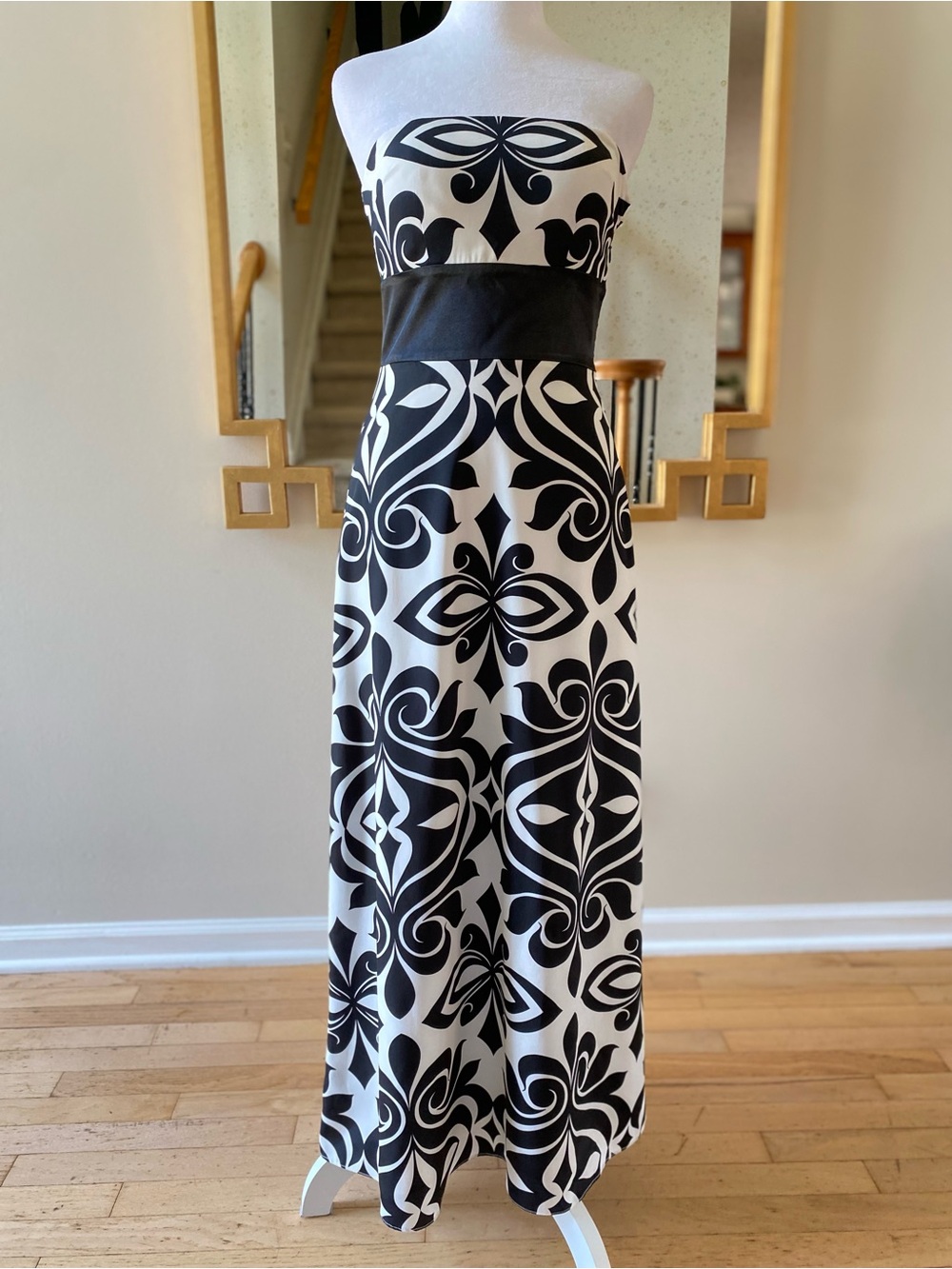 WHBM Black White Damask Strapless Maxi Dress Size 0 Excellent Condition